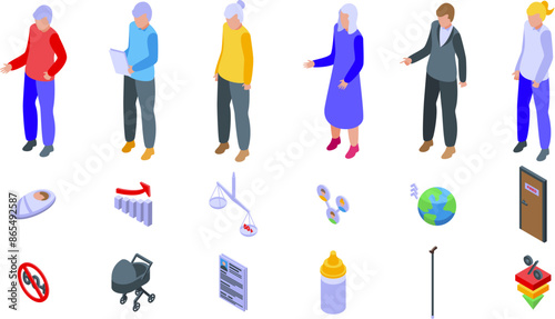 Social problem of aging society icons set. Elderly people standing and social issues icons are illustrating demographic crisis concept