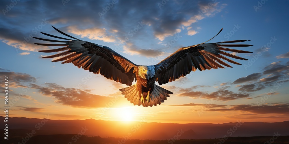 Fototapeta premium AI Generated. AI Generative. Wild american eagle bird flying in the blue air sky at golden sunset nature outdoor landscape. Graphic Art
