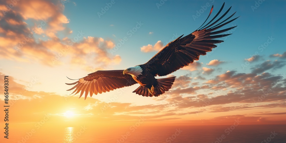Obraz premium AI Generated. AI Generative. Wild american eagle bird flying in the blue air sky at golden sunset nature outdoor landscape. Graphic Art