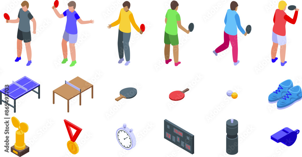 Ping pong tournament icons set. Athletes playing ping pong isometric icons set with isolated images of sportsmen, equipment and prizes Ping pong tournament icons set. Athletes playing ping pong isometric icons set with isolated images of sportsmen, equipment and prizes