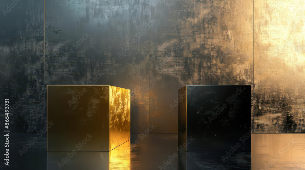Gold and black boxes on a textured surface with gradient lighting. Suitable for banner, card or advert backdrop. Gold and black boxes on a textured surface with gradient lighting. Suitable for banner, card or advert backdrop.