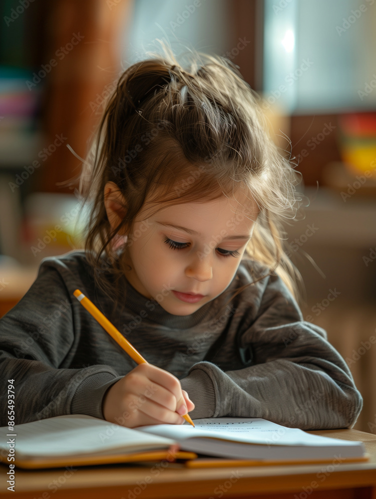 Portrait of a little girl at school, writing in a notebook Portrait of a little girl at school, writing in a notebook