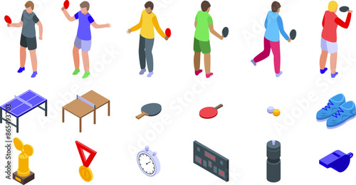 Ping pong tournament icons set. Athletes playing ping pong isometric icons set with isolated images of sportsmen, equipment and prizes