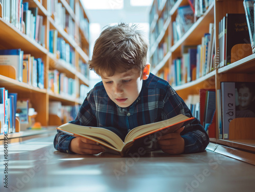 Portrait of a little boy reading a book at school library photo