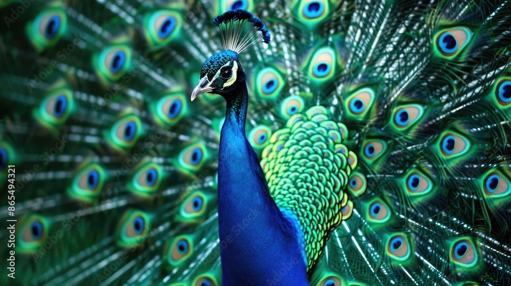 Obraz premium Peacock plumage iridescent feathers nature. Generative AI