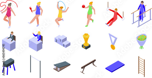 Artistic gymnast performance icons set. Gymnasts performing rhythmic gymnastics with different apparatus and equipment isometric 3d icons set