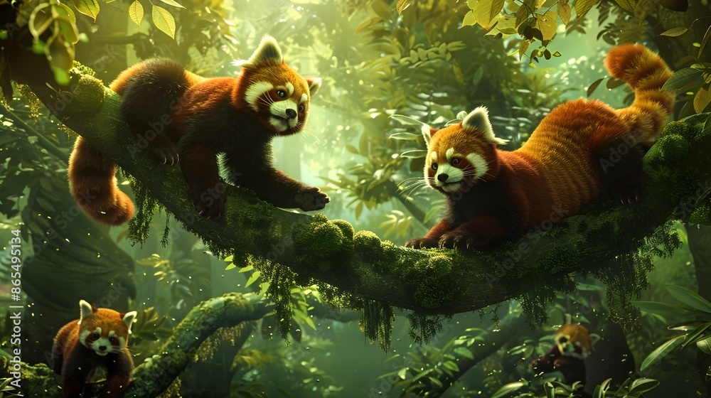 Playful Red Pandas Frolicking in Lush Forest Canopy with Vibrant Digital Lighting Playful Red Pandas Frolicking in Lush Forest Canopy with Vibrant Digital Lighting