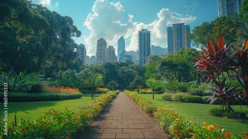 Urban cinematic shot of a vibrant cityscape featuring a well manicured urban park photo