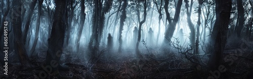 Dark scary forest, ghostly apparitions floating between the trees, unsettling silence all around photo