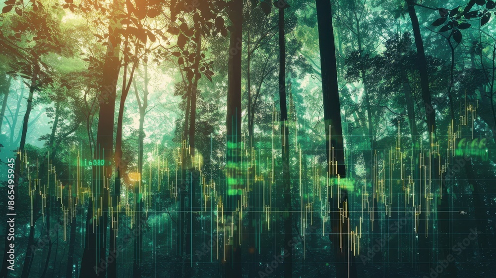forest intertwined with stock chart close up, focus on, copy space, bold greens, Double exposure silhouette with financial forecast forest intertwined with stock chart close up, focus on, copy space, bold greens, Double exposure silhouette with financial forecast
