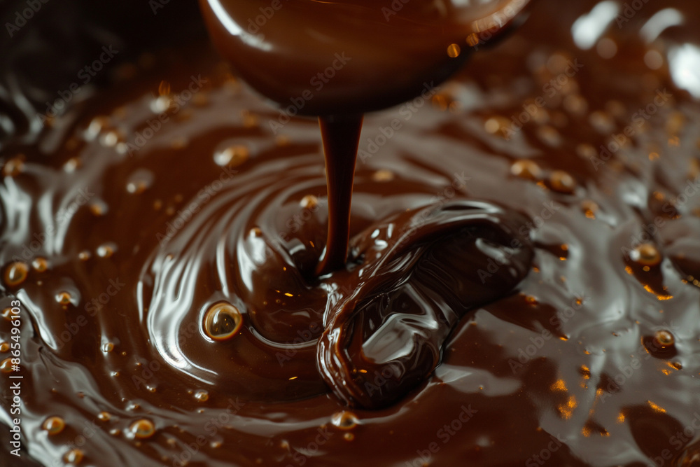Artistic shot of melted bittersweet chocolate being poured from a spoon, capturing the luscious and tempting flow, emphasizing the richness of the chocolate Artistic shot of melted bittersweet chocolate being poured from a spoon, capturing the luscious and tempting flow, emphasizing the richness of the chocolate