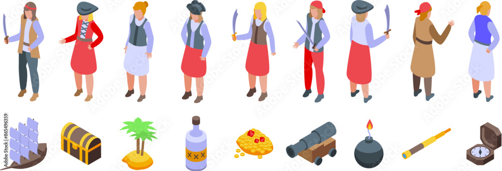 Girl pirate icons set. Female pirate character wearing eye patch, bandana and holding sword or treasure map, isometric icons set Girl pirate icons set. Female pirate character wearing eye patch, bandana and holding sword or treasure map, isometric icons set