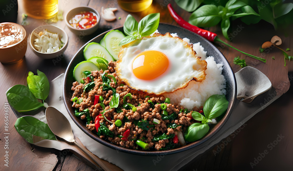 Pad Krapow with Fried Egg is a very delicious Thai dish. Pad Krapow with Fried Egg is a very delicious Thai dish.