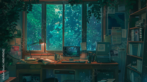 Lofi empty interior. Messy desk, window view of a forest, jungle. Anime, manga style. Colorful study lo-fi desk. Cozy chill vibe. Hip-hop atmoshperic lighs. Stars 4k wallpaper
 photo