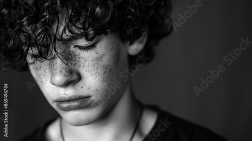 Monochrome portrait of a young, freckled individual with tousled curly hair, eyes closed in contemplation, capturing a moment of introspection and vulnerability. © Maria Mikhaylichenko