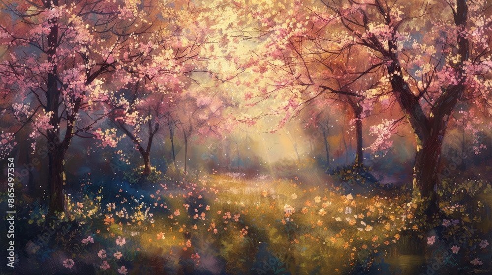 Spring flowers trees background. Generative AI Spring flowers trees background. Generative AI