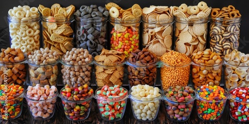 A variety of sweet and salty snacks in glass jars.