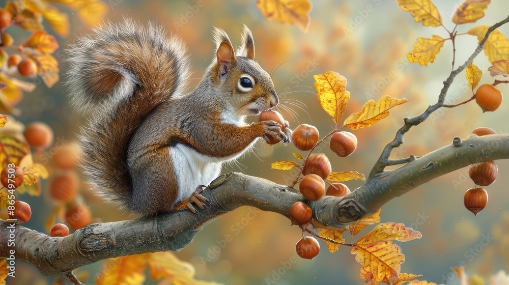 Squirrel, nut, autumn. Generative AI Squirrel, nut, autumn. Generative AI