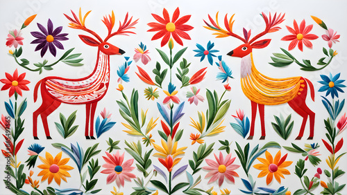 The Otomi embroidery, originating from Mexico, features vibrantly hued and fanciful designs of flora and fauna, frequently set against a white backdrop