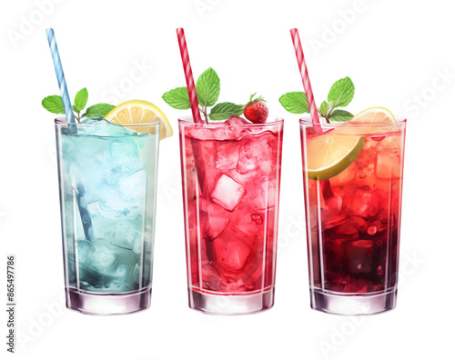 A set of three different colorful summer cocktails with straws and mint leaves. PNG image. PNG files