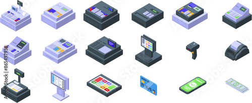 cashier machine icons set. Variety of cash registers are displayed, showcasing the evolution and diversity of point of sale systems