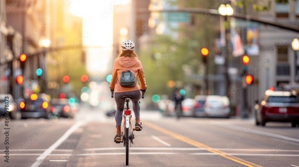 Fototapeta premium Cyclist riding through downtown Portland, iconic city landmarks in the background, [urban biking], [Portland landmarks]
