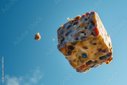 Close-up action shot of a fruitcake mid-air, flying against a clear blue sky, capturing the whimsical and festive spirit of Fruitcake Toss Day
