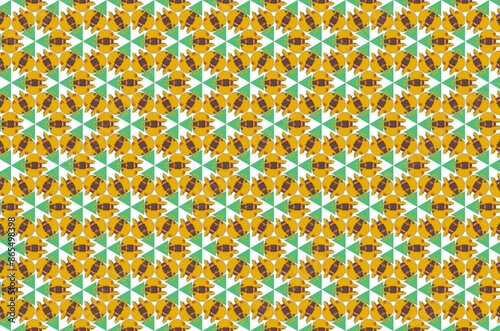 A background pattern of trees and other shapes in a bright yellow and green color scheme