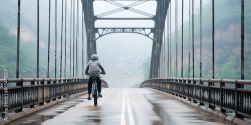 Biker crossing the Steel Bridge with river and city view, [bridge crossing], [urban exploration]
