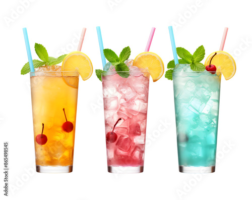 A set of three different colorful summer cocktails with straws and mint leaves. PNG image. PNG files