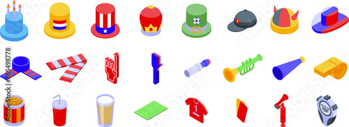 Competition match attributes icons set. Fans are having a blast supporting their team during a sport match