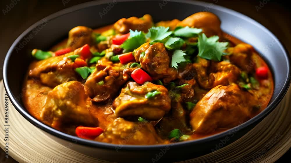 Deliciously spiced meatballs in a rich sauce garnished with fresh herbs and peppers Deliciously spiced meatballs in a rich sauce garnished with fresh herbs and peppers