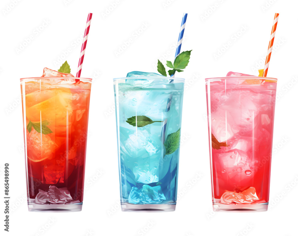 A set of three different colorful summer cocktails with straws and mint leaves. PNG image. PNG files A set of three different colorful summer cocktails with straws and mint leaves. PNG image. PNG files