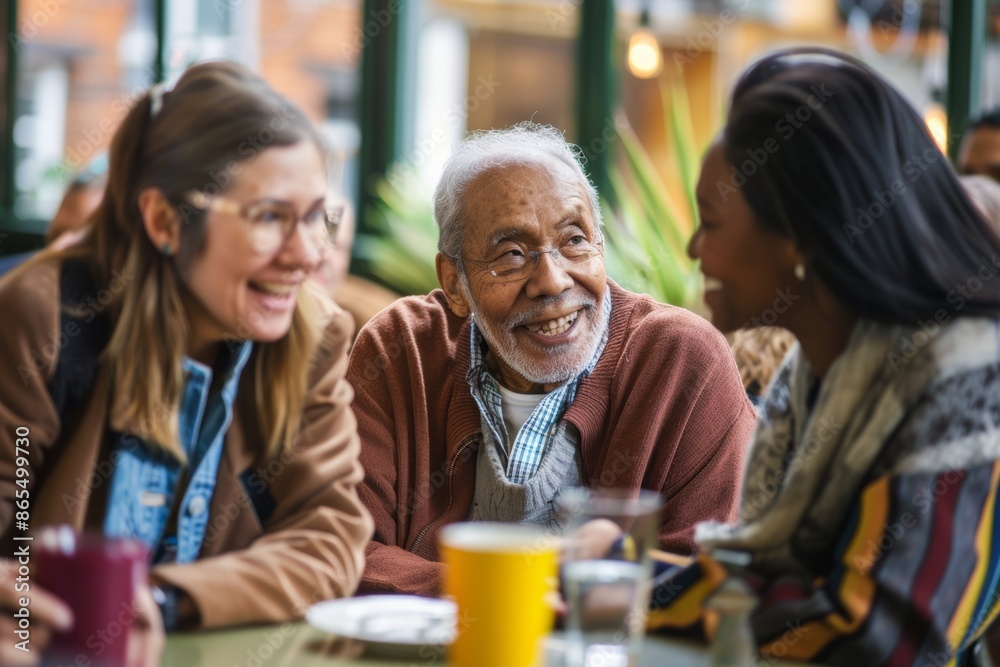 Obraz premium senior people socializing at getting together event, chatting and talking, smiling. retired lifestyle
