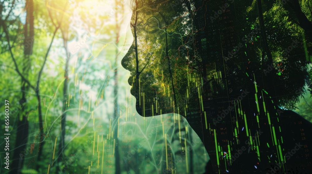 Obraz premium forest scene with stock chart close up, focus on, copy space, lush green tones, Double exposure silhouette with economic trends