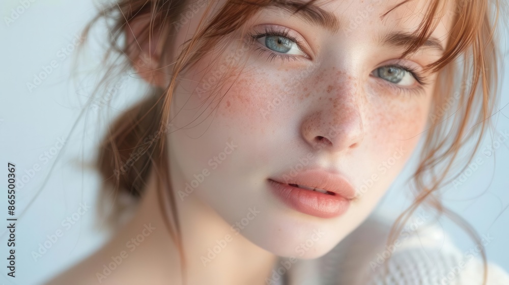 Clearskinned girl with a playful lip bite, bright white backdrop, soft natural lighting, closeup shot Clearskinned girl with a playful lip bite, bright white backdrop, soft natural lighting, closeup shot