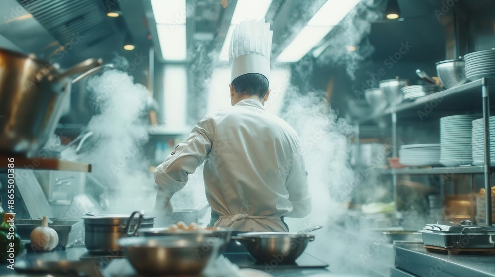 Chef focused on cooking in a lively kitchen, rear view, vibrant atmosphere, stainless steel surfaces, medium shot Chef focused on cooking in a lively kitchen, rear view, vibrant atmosphere, stainless steel surfaces, medium shot