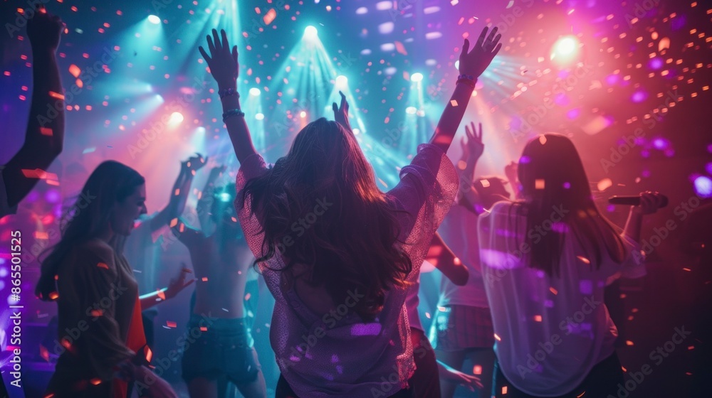 group of people dancing with their backs to each other in a disco with neon lights group of people dancing with their backs to each other in a disco with neon lights
