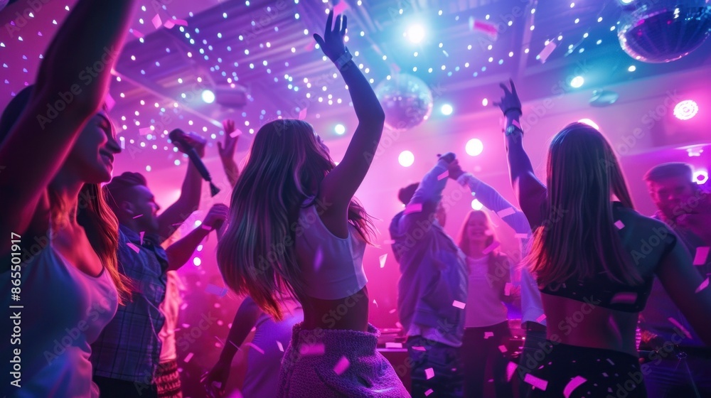 group of people dancing with their backs to each other in a disco with neon lights group of people dancing with their backs to each other in a disco with neon lights