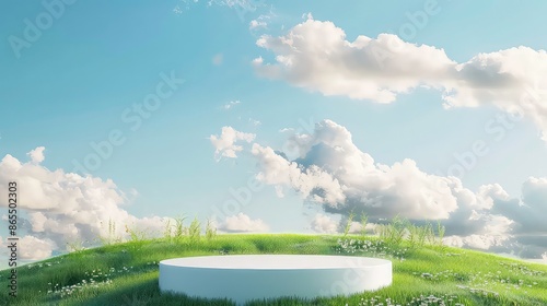 Nature background podium illustration minimal rendering White concept sky 3D grassland blue green podium dais stage grass summer field landscape blank garden cloud meadow empty spring.