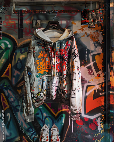 Graffiti-Covered Hoodie Hanging Against a Vibrant Wall © Andsx