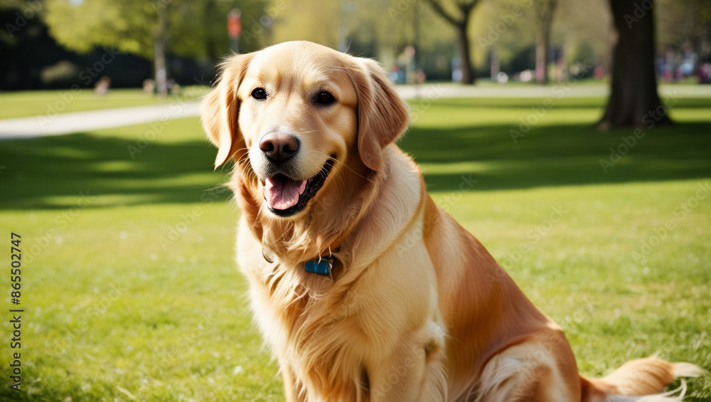 Happy Golden Retriever Sitting in Sunny Park Happy Golden Retriever Sitting in Sunny Park