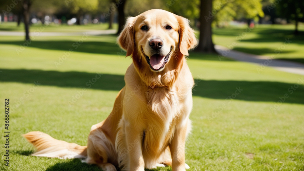 Happy Golden Retriever Sitting in Sunny Park Happy Golden Retriever Sitting in Sunny Park