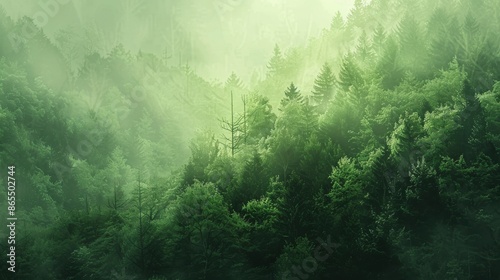 forestcovered mountainside in spring close up, focus on, copy space, lush green tones, Double exposure silhouette with Centaur hunting photo