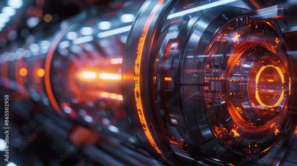 High-tech turbine engine in operation with glowing components. High-tech turbine engine in operation with glowing components.