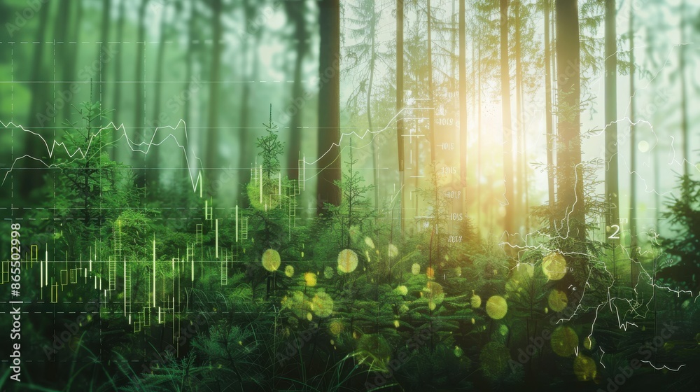 Fototapeta premium forest scene with stock chart close up, focus on, copy space, lush green tones, Double exposure silhouette with economic trends