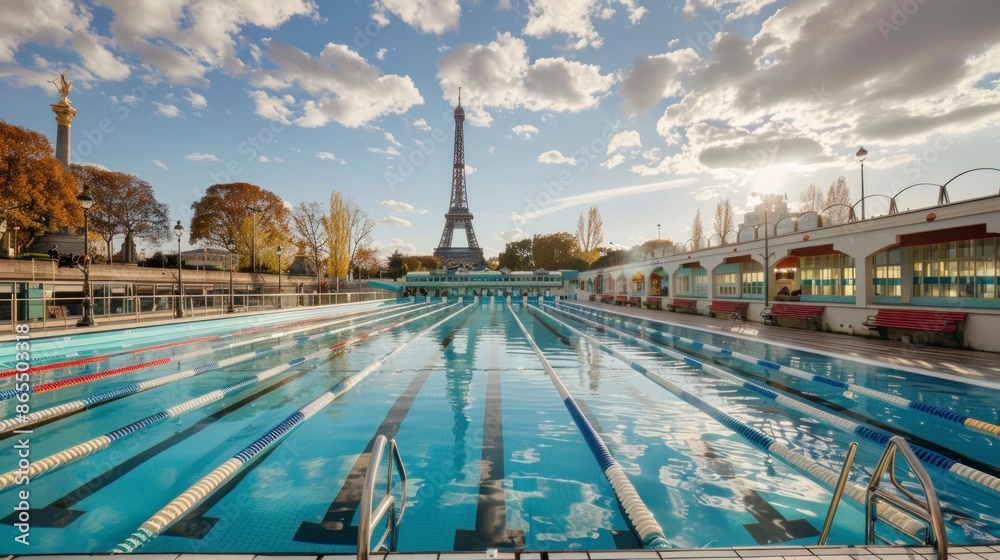 Fototapeta premium Olympic pool with the Eiffel Tower in the background