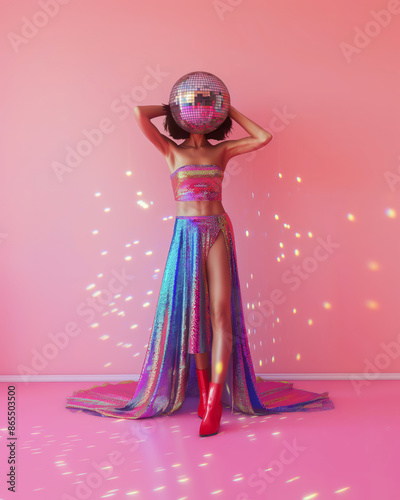 A surreal and creative portrait of a beautiful girl holding a disco ball in front of her face, standing against a soft pink monochromatic background, wearing a crazy disco dress made of shiny disco ba