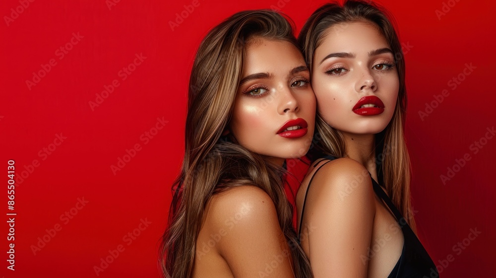 pair of women posing very close in a sexy way on red background. erotic concept pair of women posing very close in a sexy way on red background. erotic concept
