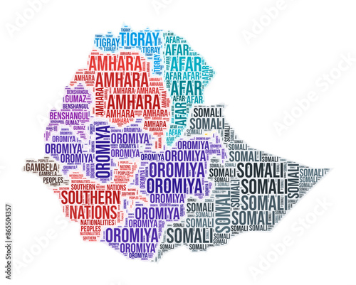 Ethiopia region word cloud. Country shape design. Ethiopia colored illustration. Region names collage cloud. Vector illustration.